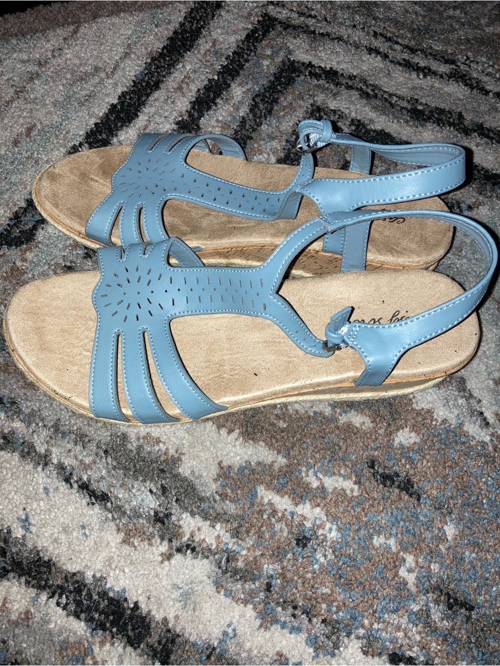 easy street Light Blue T-Strap Sandals with Perforated Detail